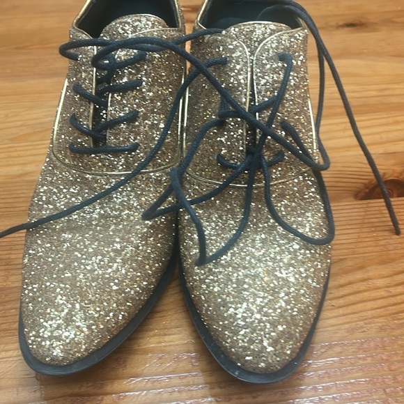 Jeffrey Campbell Gold Glitter Block Heel Lace Up Oxfords size 6 eu 36 - Picture 5 of 12